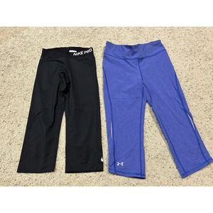 LOT 2 NIKE PRO & UNDER ARMOUR sz S LEGGINGS CAPRI Running BLACK BLUE B24